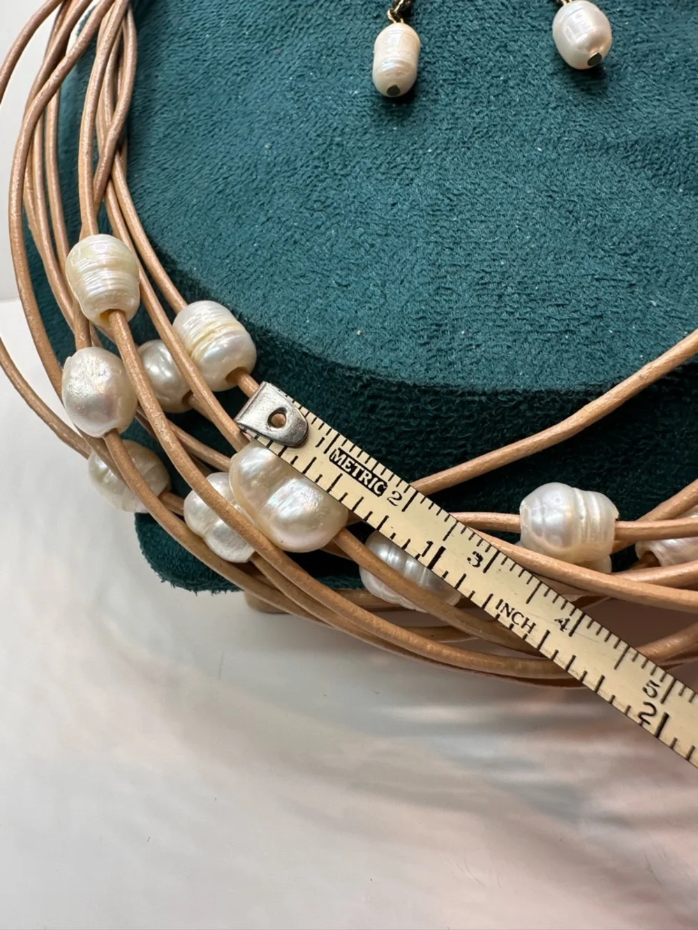 Genuine Pearls And Leather Multi Strand Bib Necklace With Pearl Earrings - Picture 4 of 8